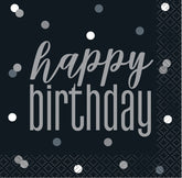 Glitz Black and Silver “Happy Birthday” Beverage Napkins – 16ct | Stylish Birthday Party Cocktail Napkins